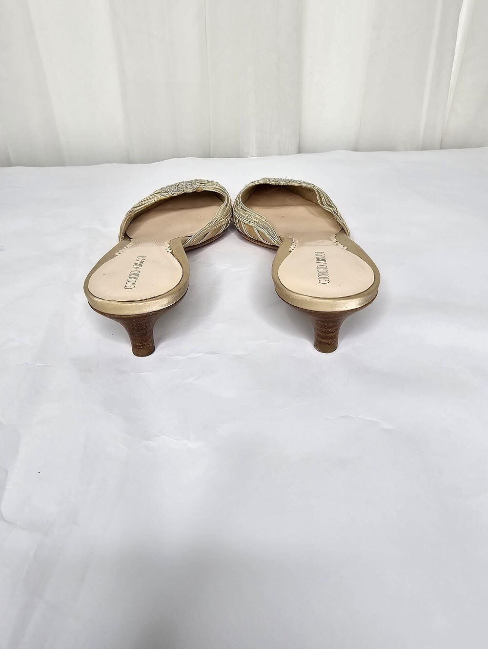 Vintage Giorgio Armani Corded Metallic Gold Embellished Mule Kitten Heel Size 38 - Picture 7 of 9